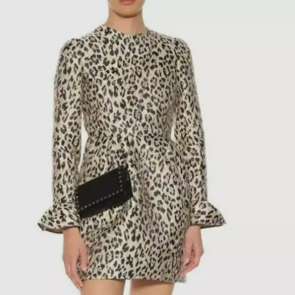 VALENTINO Leopard-Print Brocade Dress, Jewel neck, 38 (US 2)